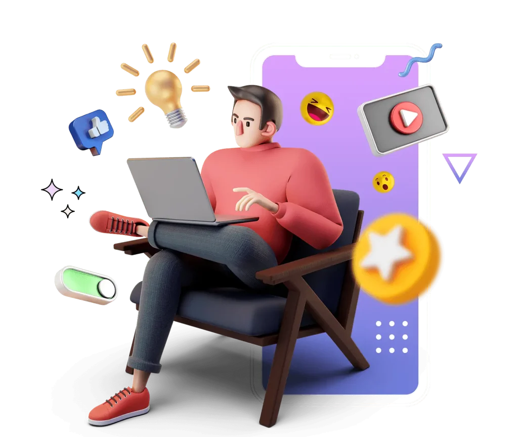 Man sitting with laptop and social media icons around him.